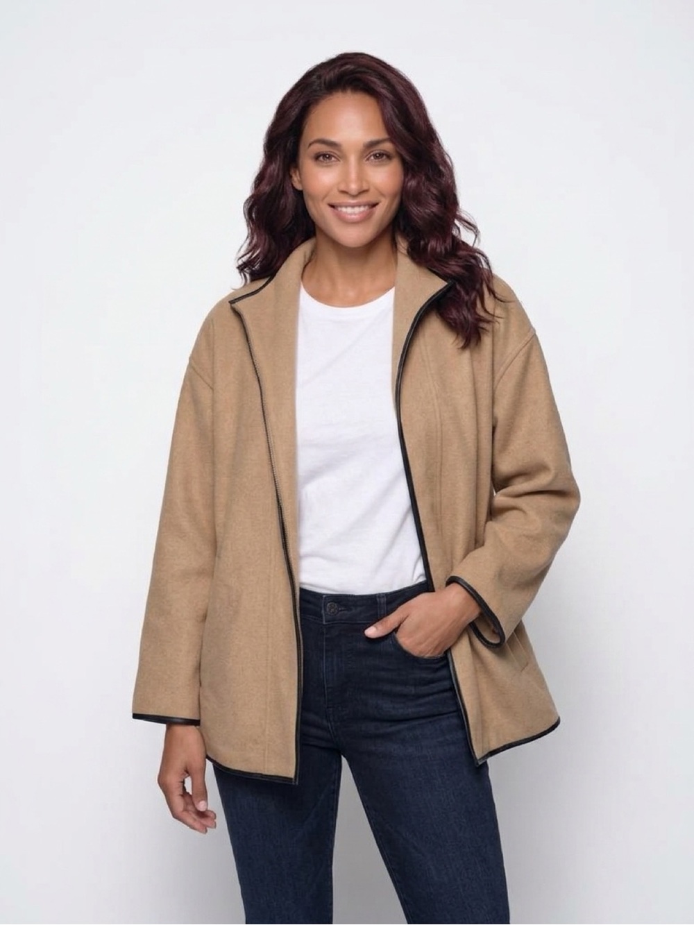 a new day Camel Zip-Front Jacket with Black Trim